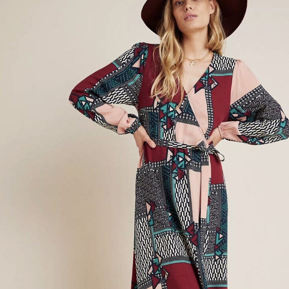 Porridge Anthropologie “Virginia” wrap maxi dress abstract print L